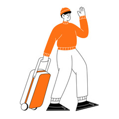 Minimalist Line Art Man Traveling with Suitcase and Waving Hello Illustration