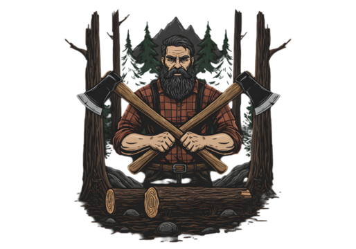 Pixel Art Lumberjack Portrait Holding Crossed Axes in Forest Background