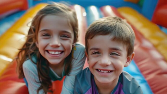 Two kids enjoying the fun on a summer day, possibly at a pool party or backyard event
