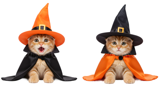 Halloween Cats in Witch Costumes Isolated on Transperent Background