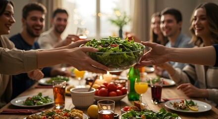 Hands passing a bowl of salad across a festive holiday table.