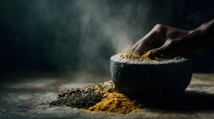 A hand grinds aromatic spices and herbs in a rustic stone mortar releasing fragrant powder