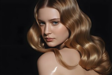 Windows 11 Wallpaper: Beautiful blonde woman with long wavy hair in studio lighting, gazing confidently with soft beauty and fashion vibes