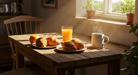A cozy breakfast scene with croissants, orange juice, and morning sunlight.