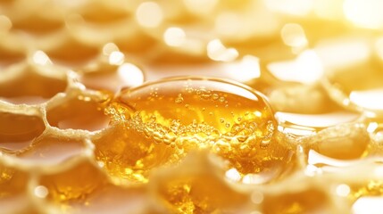Macro shot of honey droplet forming at honeycombâ€™s edge, crisp hexagonal wax cells, bright white surface for purity theme