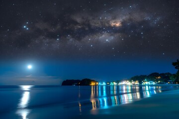 Windows 11 Wallpaper: Milky Way over calm ocean with reflections from dock lights and stars filling the night sky in a serene celestial seascape