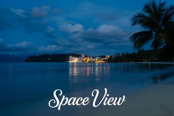 Windows 11 Wallpaper: Nighttime tropical beach with palm trees and lit building reflecting on calm sea, featuring 'Space View' text overlay