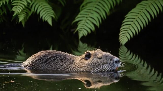 A coypu glides effortlessly through calm water, surrounded by lush ferns.