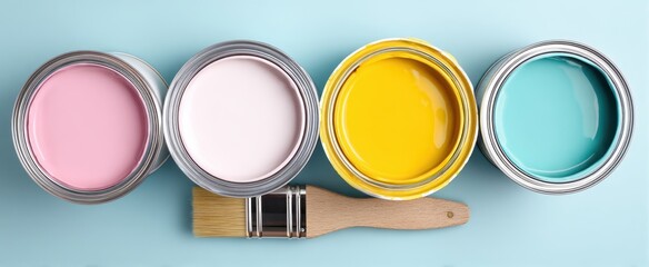 The vibrant collection of paint cans with a brush for creative home projects.