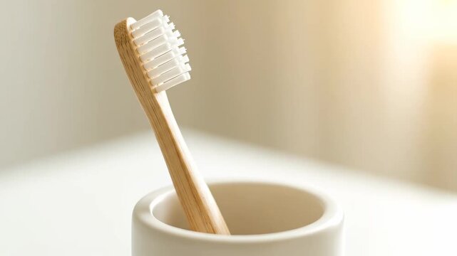 Eco-Friendly Bamboo Toothbrush in Holder - A close-up shot of a sustainable bamboo toothbrush standing upright in a minimalist white ceramic holder.