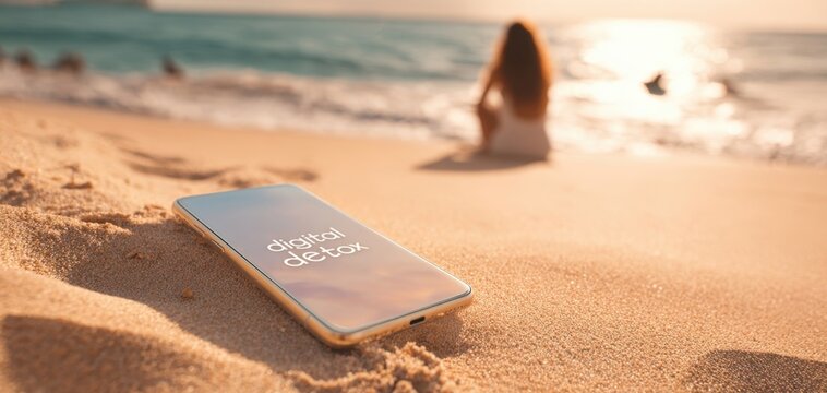 The Smartphone Resting on Sunlit Beach Sand Amid Ocean View and Sunset