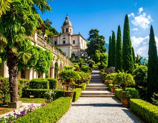 Picturesque Italian garden with steps leading to a light-colored building
