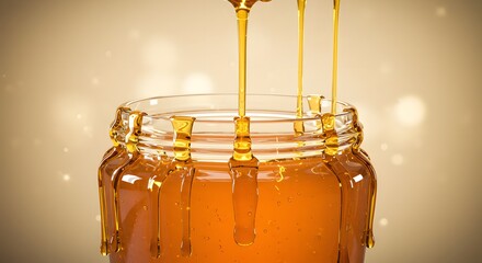 A dripping honey jar with golden trails glowing in natural light.