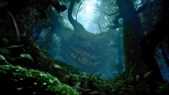 A terrifying monster lurking in a dark forest, a first-person view of a predator with glowing eyes, a scary creature with sharp teeth in the shadows, a concept of being hunted, horror and survival.

