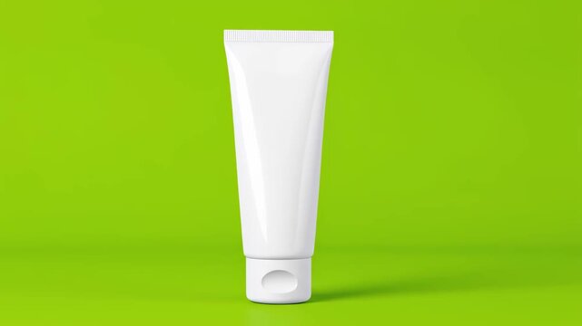 White Tube Mockup on Green Background - A clean, white tube of toothpaste or cosmetic cream stands against a vibrant green backdrop.