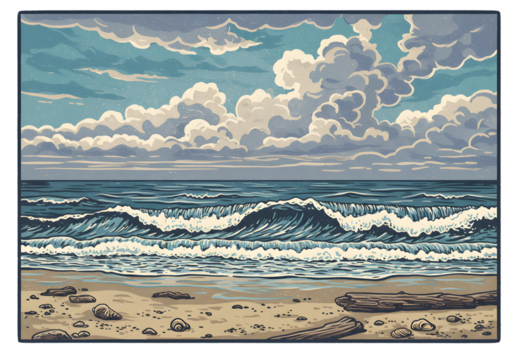 Pixel Art Seascape Illustration Depicting Ocean Waves and Sandy Beach Under Cloudy Sky