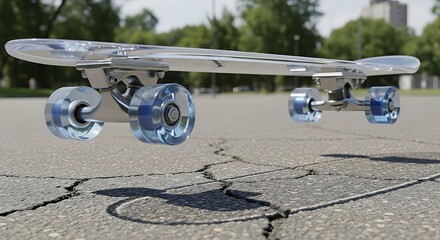 Transparent Skateboard Wheels Rolling on Cracked Pavement Outdoor Scene