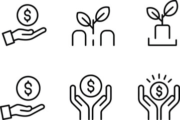 Financial Growth Icons Representing Investment Business Development and Monetary Gains with Symbolic Dollar Coin and Plant Imagery for Success