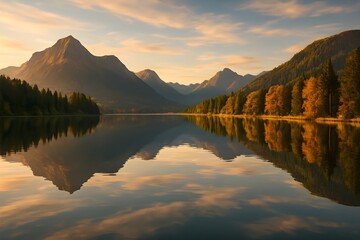 Windows 11 Wallpaper: Golden hour mountain landscape reflected in lake with glowing sky and forest in the background, peaceful nature scene