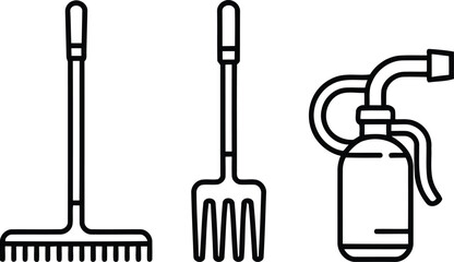 Gardening Tools Trio A Black and White Outline Depicting a Rake a Fork and a Spray Bottle for Home Gardeners