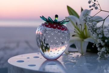 Windows 11 Wallpaper: Glass bowl with miniature scenery of island, flowers, and lights set on calm water surface at dreamy dusk
