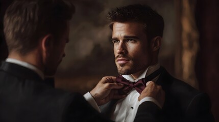 A man adjusts his burgundy bow tie with help from another man in formal attire preparing for an elegant occasion