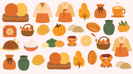 Traditional Chuseok holiday icons with hanbok food and gifts