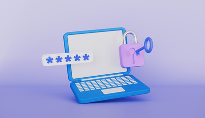 Laptop with a password input field, lock and key, Data protection and secure access
