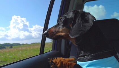 Dachshund in a car window, summer day