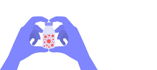 Hands examine a vaccine vial with illustrative details inside.