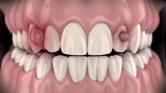 Closeup of Human Teeth with Pink Nodules near Gums