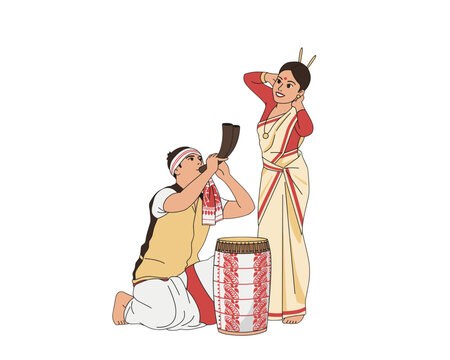 Traditional Assamese Bihu Dance with Dhol Player and Woman in Mekhela Chador
