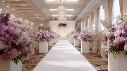 Elegant indoor wedding hall adorned with abundant pink and purple floral arrangements lining a pristine white carpet aisle under chandeliers