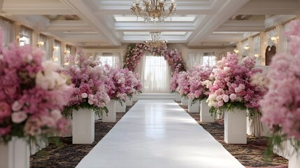An elegant indoor wedding venue prepared for a ceremony featuring a white aisle lined with abundant pink floral arrangements and ornate chandeliers