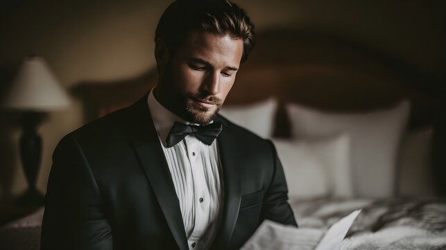 Man in tuxedo reading a letter a private moment of reflection and anticipation - Powered by Adobe