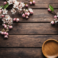 Cherry blossom bouquet on rustic wooden table in spring