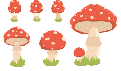 An illustration with red and white spotted mushrooms on a grass background. A set of vector mushrooms.