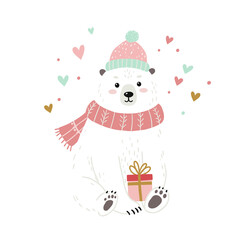 Polar bear with gift illustration isolated, cute christmas winter animal design with kawaii decoration, festive holiday art for celebration and joy, png transparent background