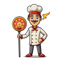 Creative vector illustration of male chef holding pizza paddle with glowing pizza, perfect for restaurant branding, Italian food, culinary logos.