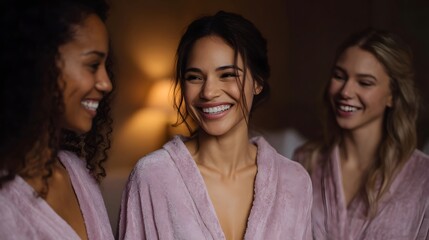 Fototapeta premium Three diverse young women in matching pink robes share a moment of joy and laughter during prepa n in a warm inviting room