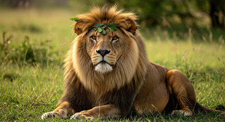Obraz premium Lion with Leafy Crown Resting on Grass in Regal Natural Setting