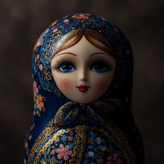 Close up of a traditional russian matryoshka doll with intricate floral patterns and a painted face