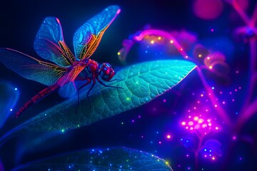 Windows 11 Wallpaper: Futuristic glowing butterfly on neon flower in fantasy dark forest setting with vibrant colors and surreal lighting