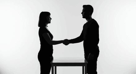 Silhouette of a Business Agreement: Man and Woman Handshake on White Background