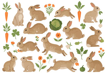 Naklejka premium Collection of adorable bunnies with spring garden elements and vegetables