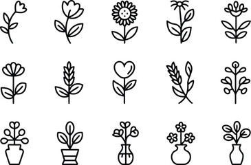 Assortment of Line Art Floral Illustrations Depicting Flowers and Plants in Pots, Simple Black and White Flower Designs for Decoration