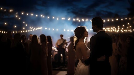 Romantic evening wedding reception with a couple dancing under fairy lights and a live band