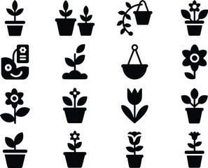 A Variety of Potted Plants and Flowers Black and White Icon Set Featuring Seedlings Hanging Baskets and Blooms for Gardening and Botanical Illustration