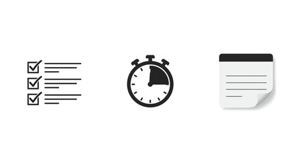 Time Management and Task Organization: Checklist, Timer, and Notepad Icons