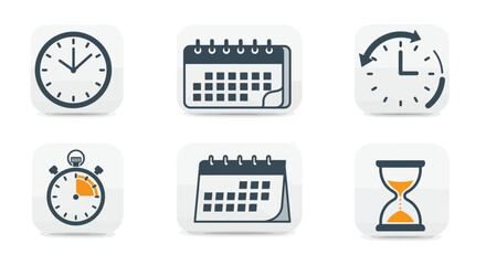 Time management and schedule icons: Clock, calendar, stopwatch, hourglass symbols
